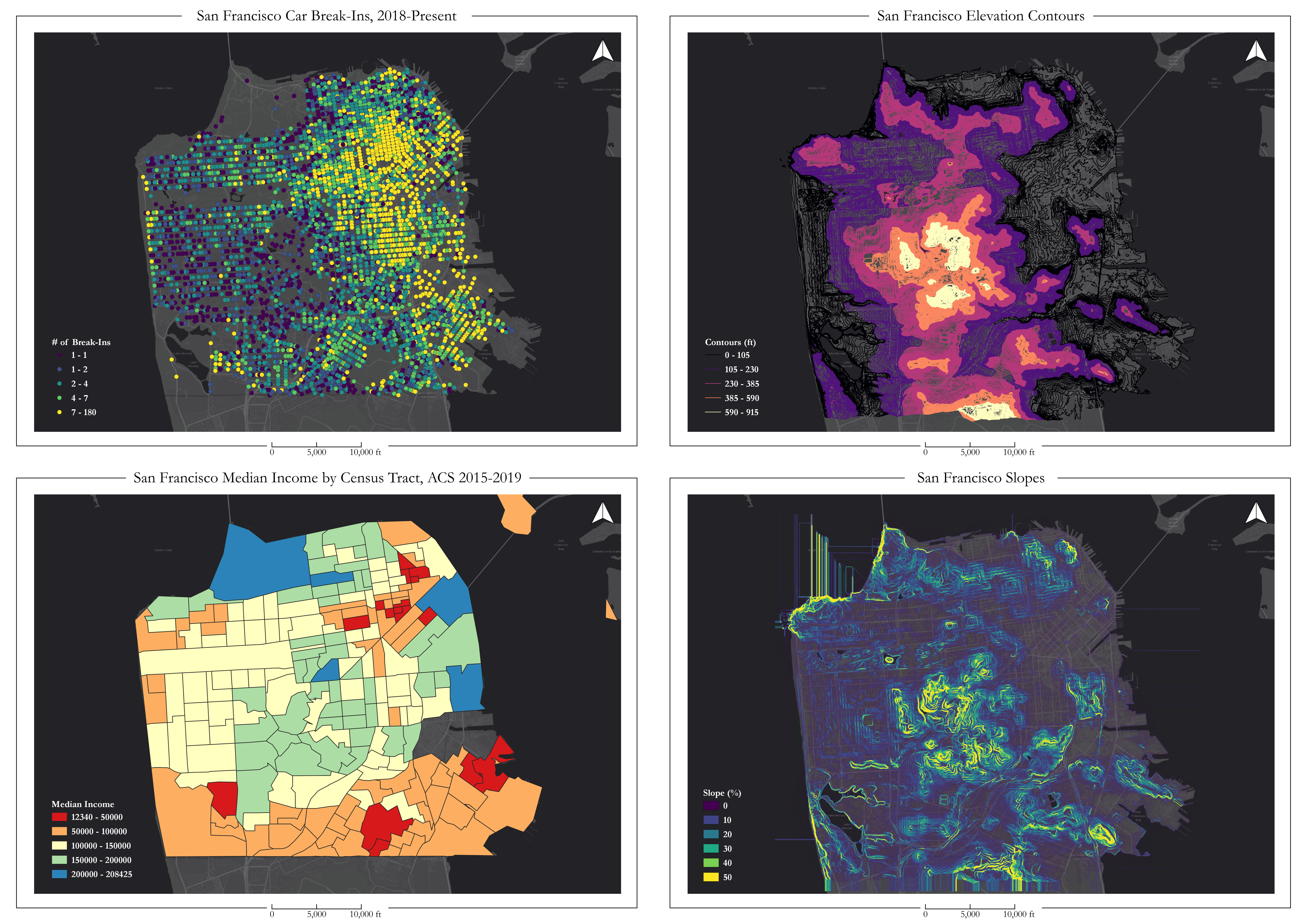 Maps depicting car break-ins, elevation, slope, and median income in San Francisco, CA