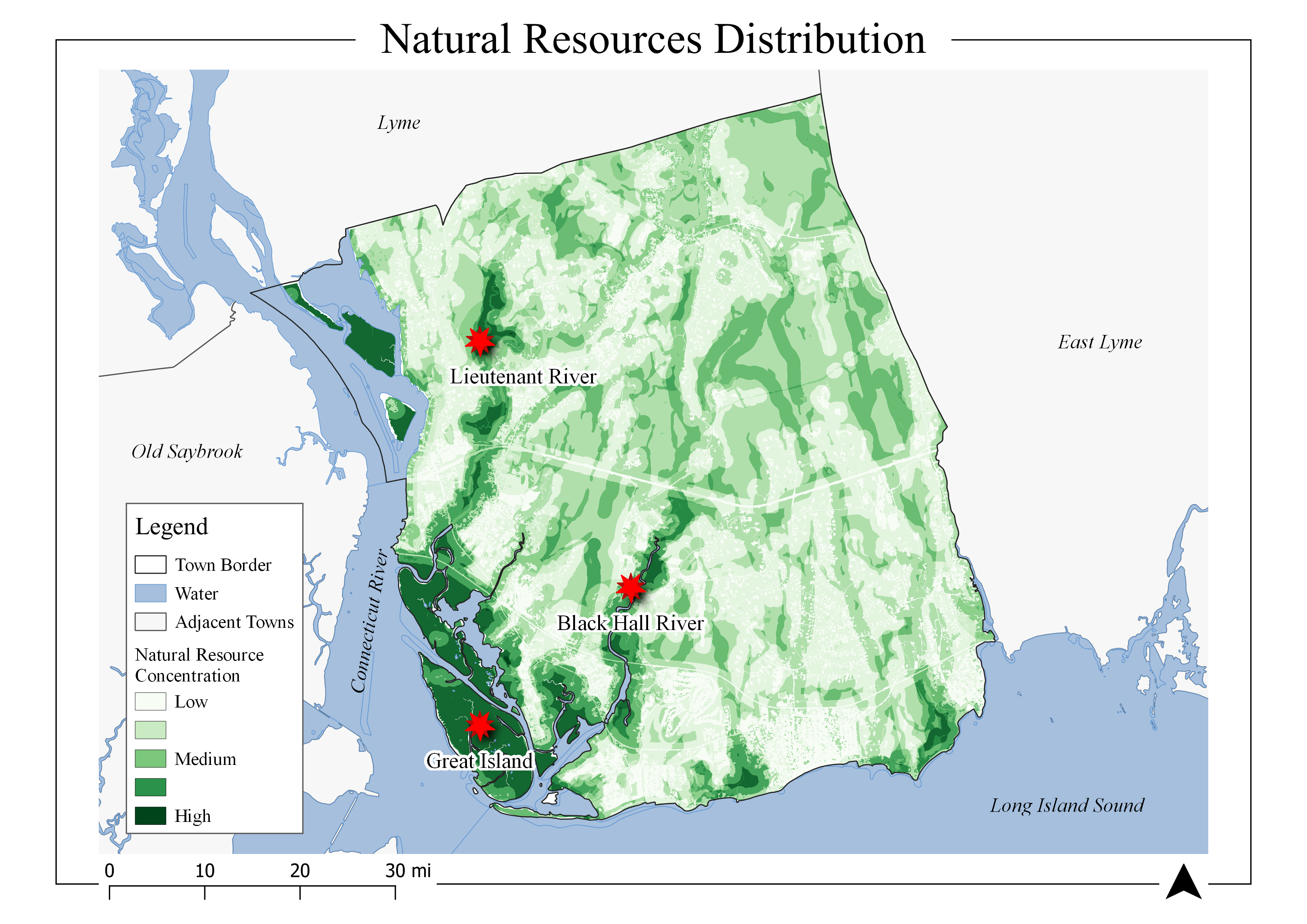 Raster map of natural resources in Old Lyme, CT