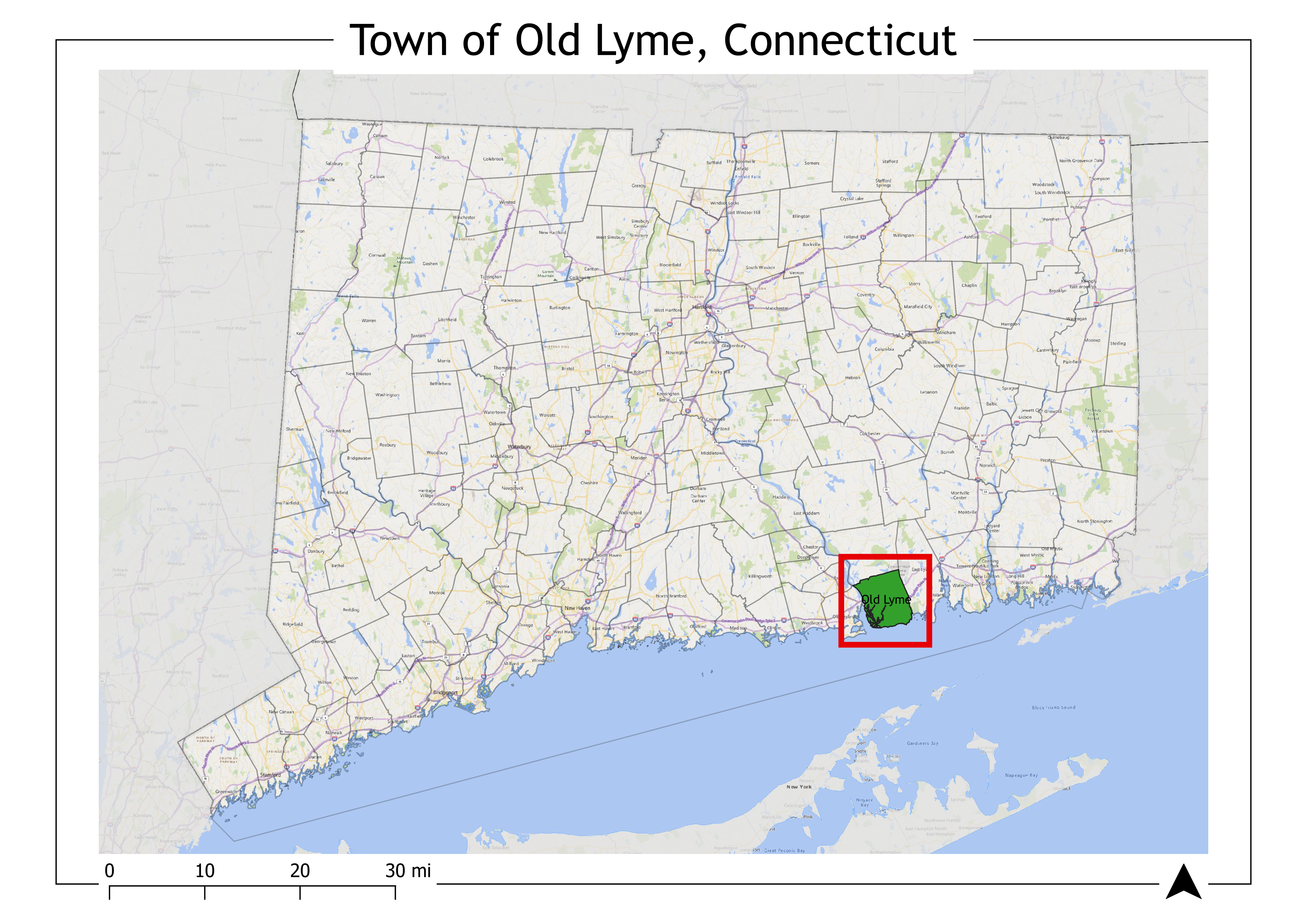 Map showing the town of Old Lyme in the Southeastern corner of Connecticut