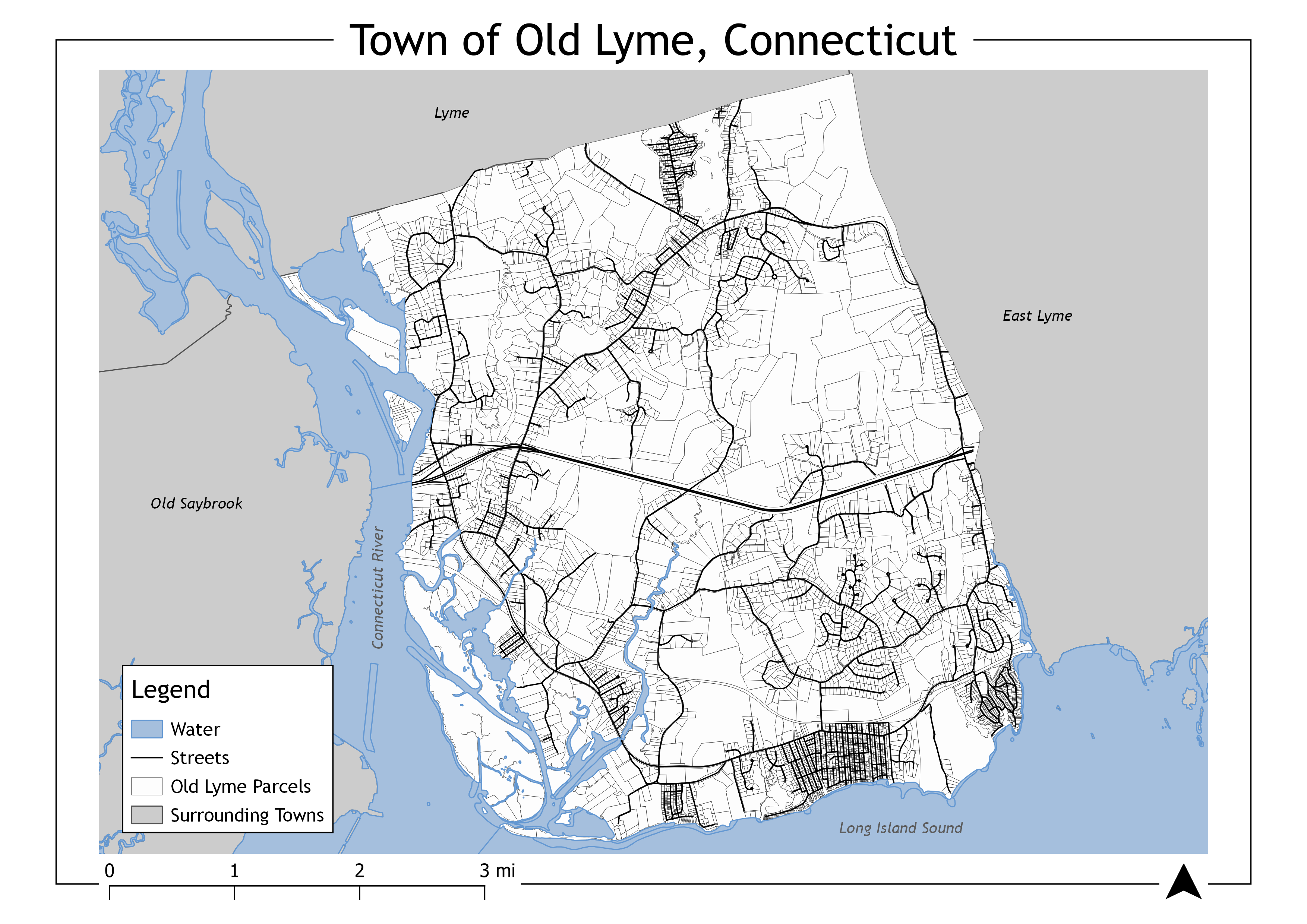 Map showing the town of Old Lyme in the Southeastern corner of Connecticut