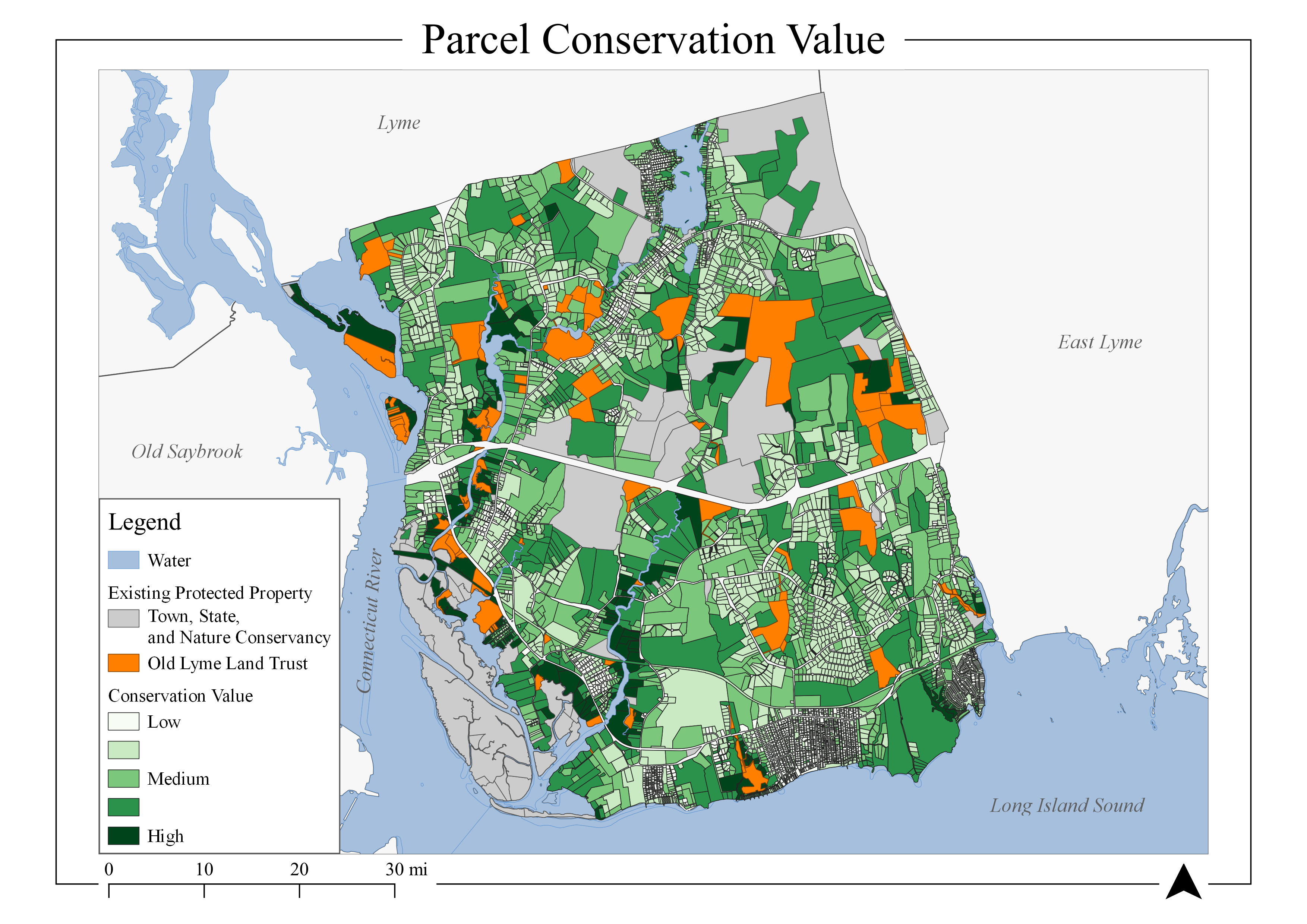 Parcels with high values of conservation in Old Lyme, CT, with existing protected properties labeled.