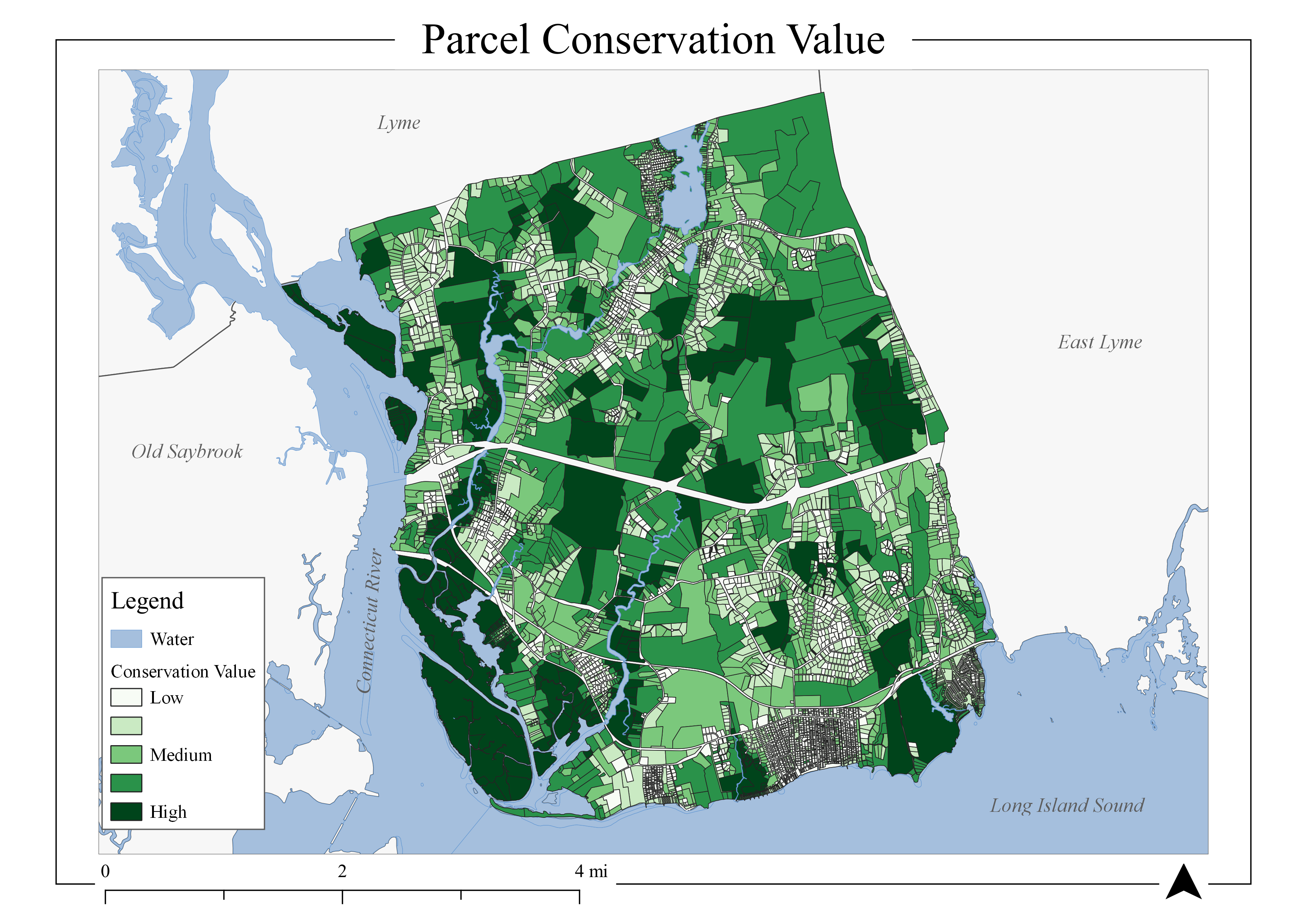 Parcels with high values of conservation in Old Lyme, CT.